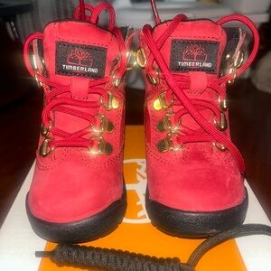 Timberland Kids Red Lace-Up Hiking Boots with Gold Hardware